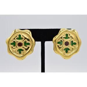 Givenchy Vintage Clip On Earrings Chunky Gold Green Red Enamel Signed 1980s BinX
